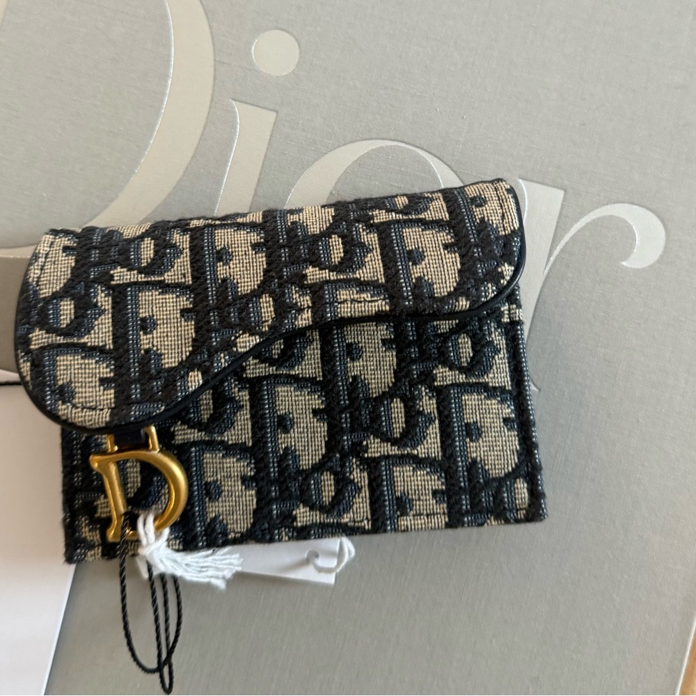 Dior saddle card holder navy new with box